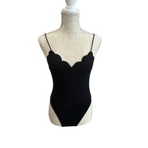 Shein Black Scalloped Ribbed Bodysuit XS Polyester Rayon Spandex Stretch Adjusta